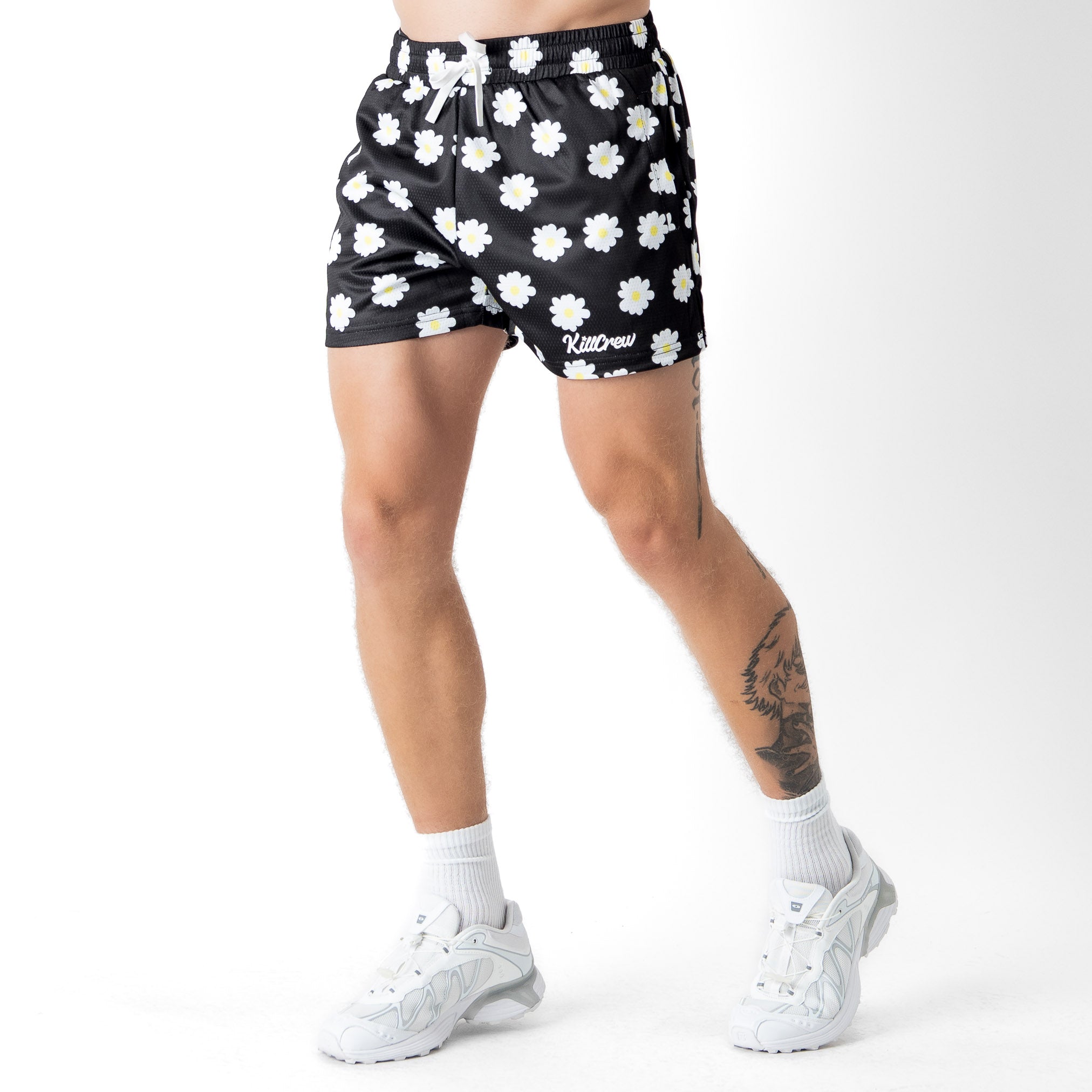 MUAY THAI SHORTS (MID THIGH CUT) DAISY - BLACK