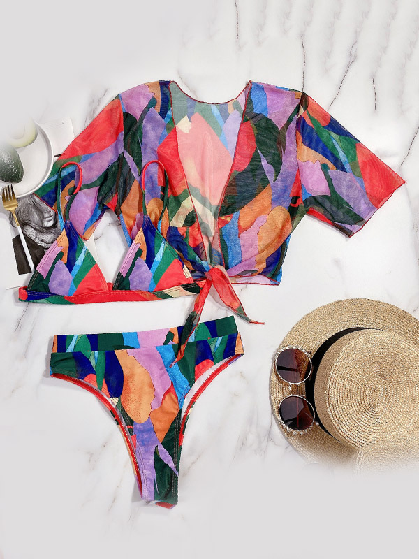 Multicolour Spaghetti-Neck Triangles Split Bikini Swimsuit+Cover-Ups Three-Piece Set