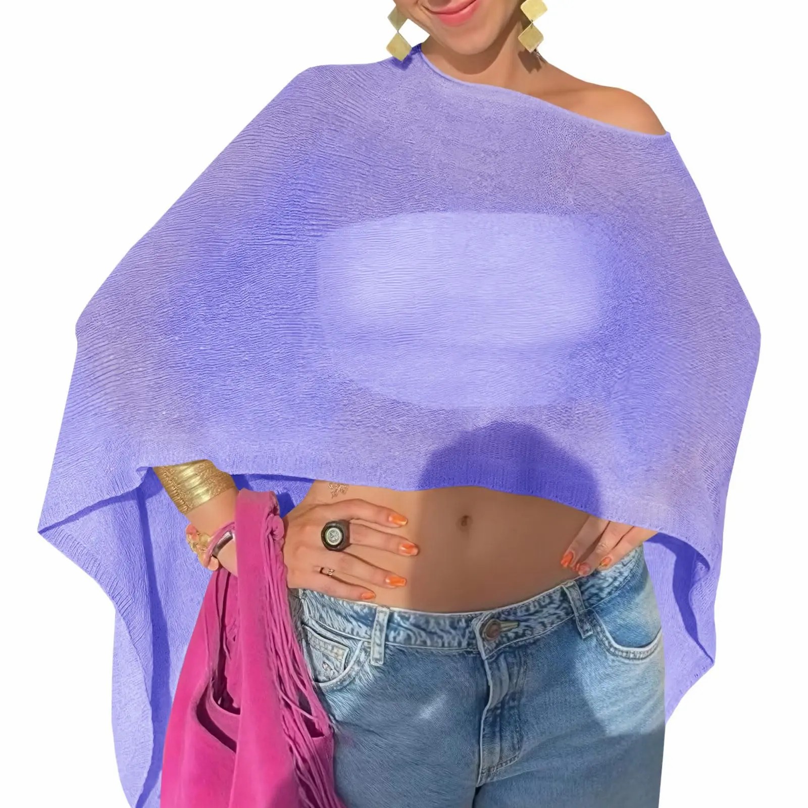 Womens Sheer Poncho Top Lightweight Knit Bolero Shrug Mesh Off The Shoulder Y2K Going Out Beach Swimsuit Coverup
