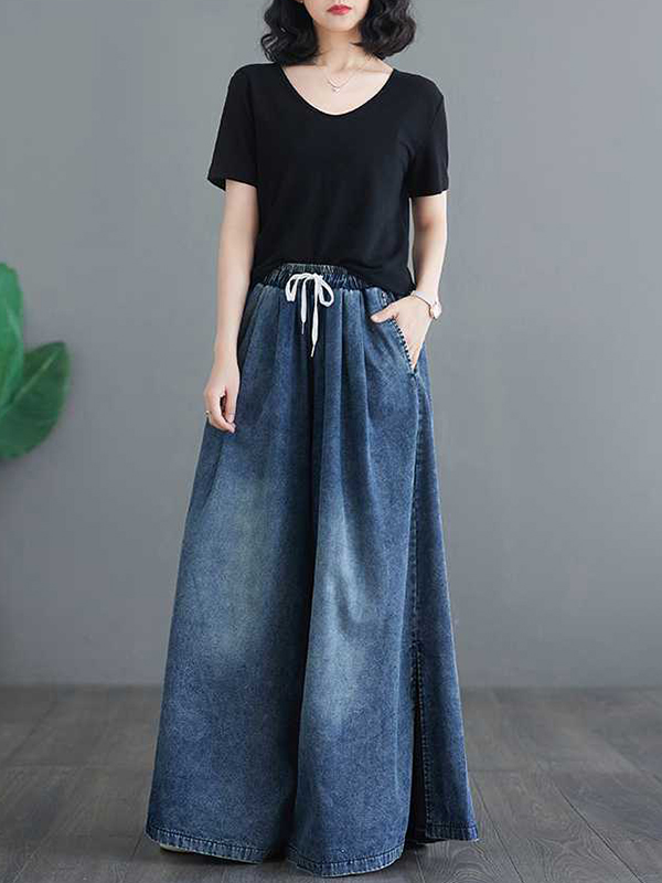 Drawstring Split-Side Loose Wide Leg Trousers Jean Pants Bottoms