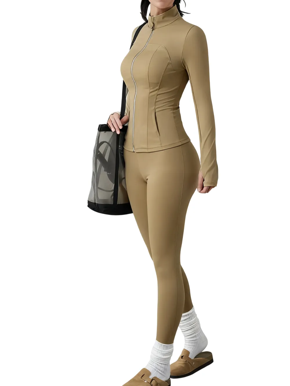Women's Solid Zip Up Jacket & High Waist Leggings Tracksuit Set