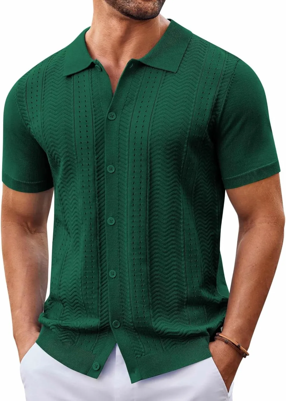 Mens Knit Button Down Shirt Short Sleeve Summer Casual Shirts Vintage Beach Vacation Shirts