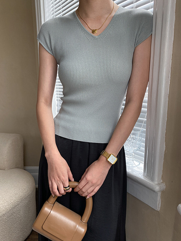 Solid Color Short Sleeves Skinny V-Neck T-Shirts