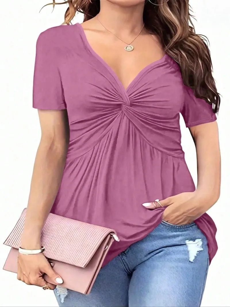 Solid Twist Front V Neck Tee, Elegant Casual Short Sleeve T-shirt for Summer, Casual Fashionable Top