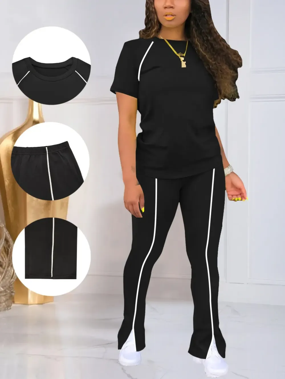 Women's Summer Round Neck Short Sleeve Fitted Pants Set Outfit, Classic Solid Color Casual Wear Lightweight Clothes