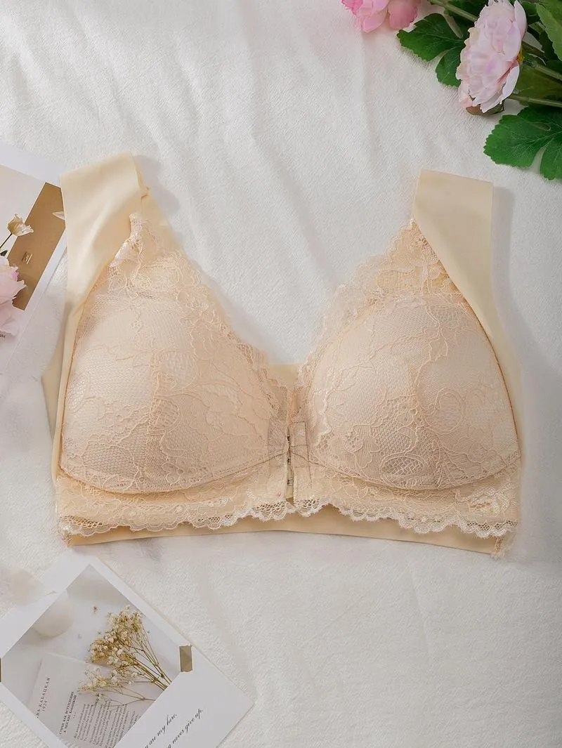 Women's Contrast Lace Hook & Eye Front PushUp Bra