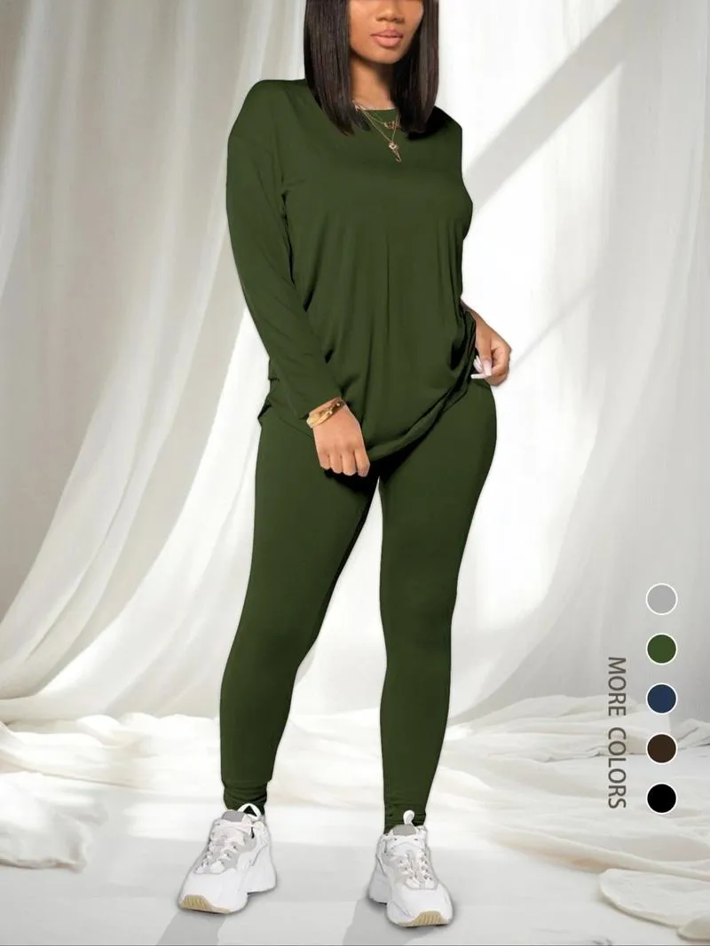 Women's Solid Drop Shoulder Tee & Elastic Waist Skinny Pants Two-piece Set