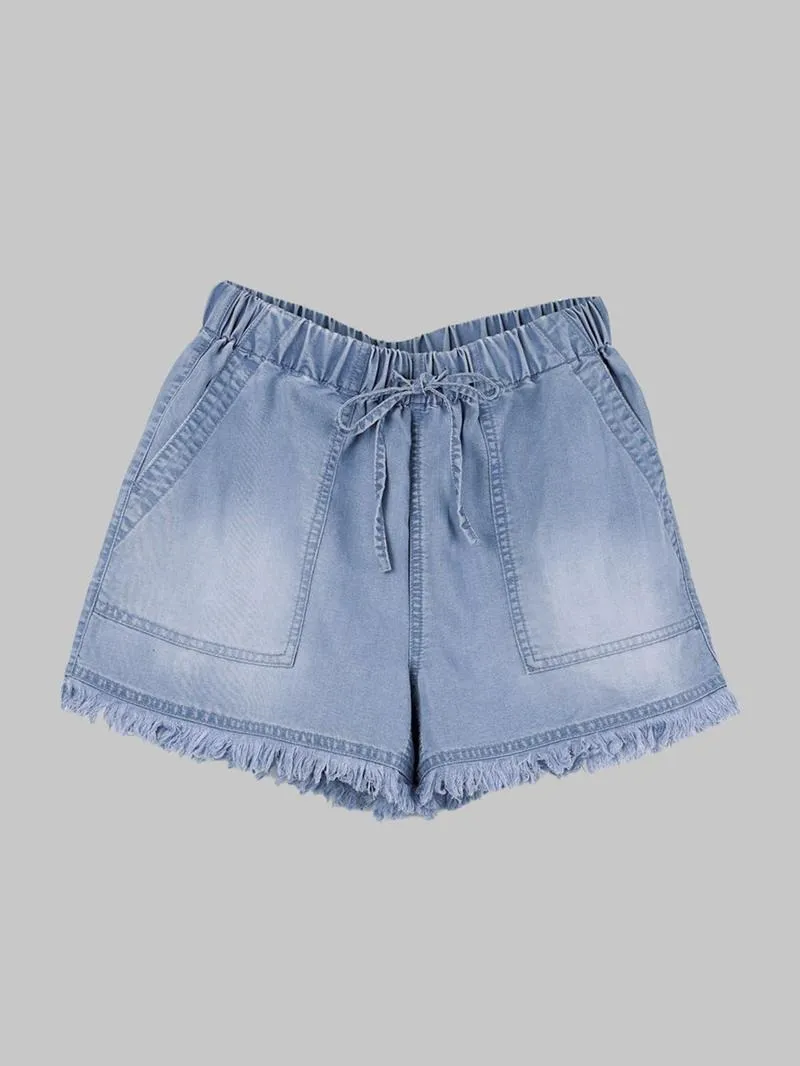 Women's Plain Drawstring Waist Denim Shorts, Casual Fashion Pocket Shorts for Daily Wear