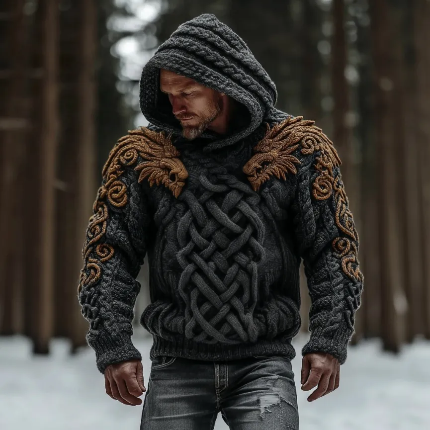Men's Vintage Viking Dragon Celtic Art Knit Hooded Sweater