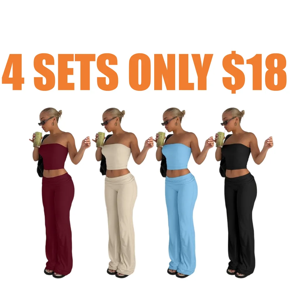 Two-Piece Set Women's Solid Crop Tube Top & Foldover Waist Flare Leg Pants