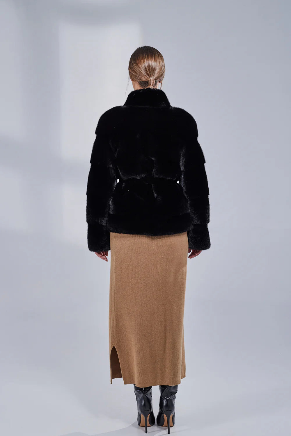 Haină din Blană Naturală de Vizon, cu Cordon, Femei, Obsidian 191