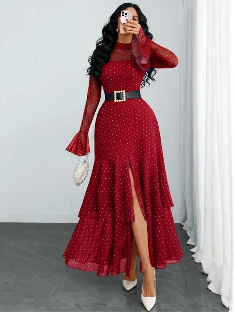 Women's Romantic Polka Dot Split Mesh Patchwork Layered Elegant Flared Skirt Dress