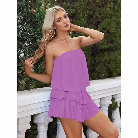 Women’s Off-Shoulder Smocked Romper – Flowy Strapless Summer Playsuit