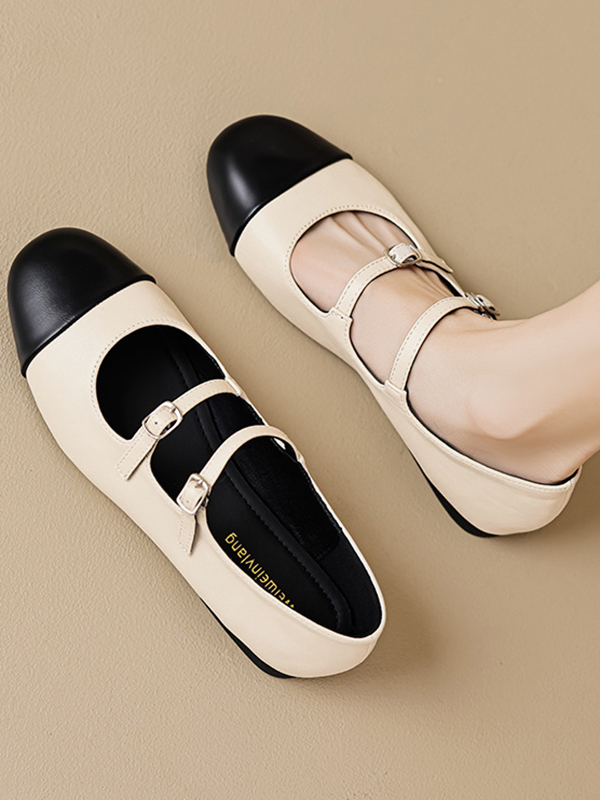 Belt Buckle Round-Toe Split-Joint Mary Janes Flat Shoes