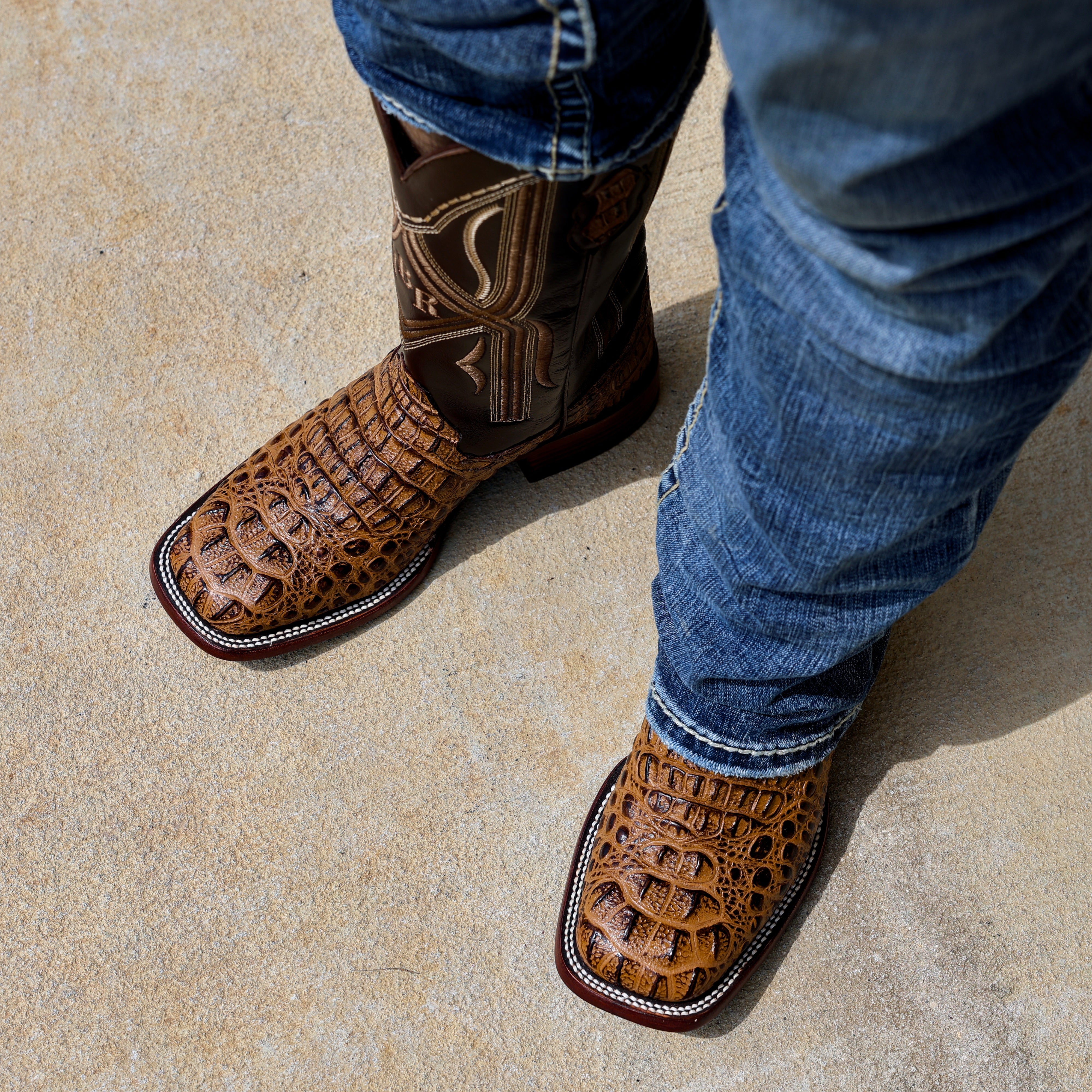 Honey Caiman Neck Leather Boots - Square Toe