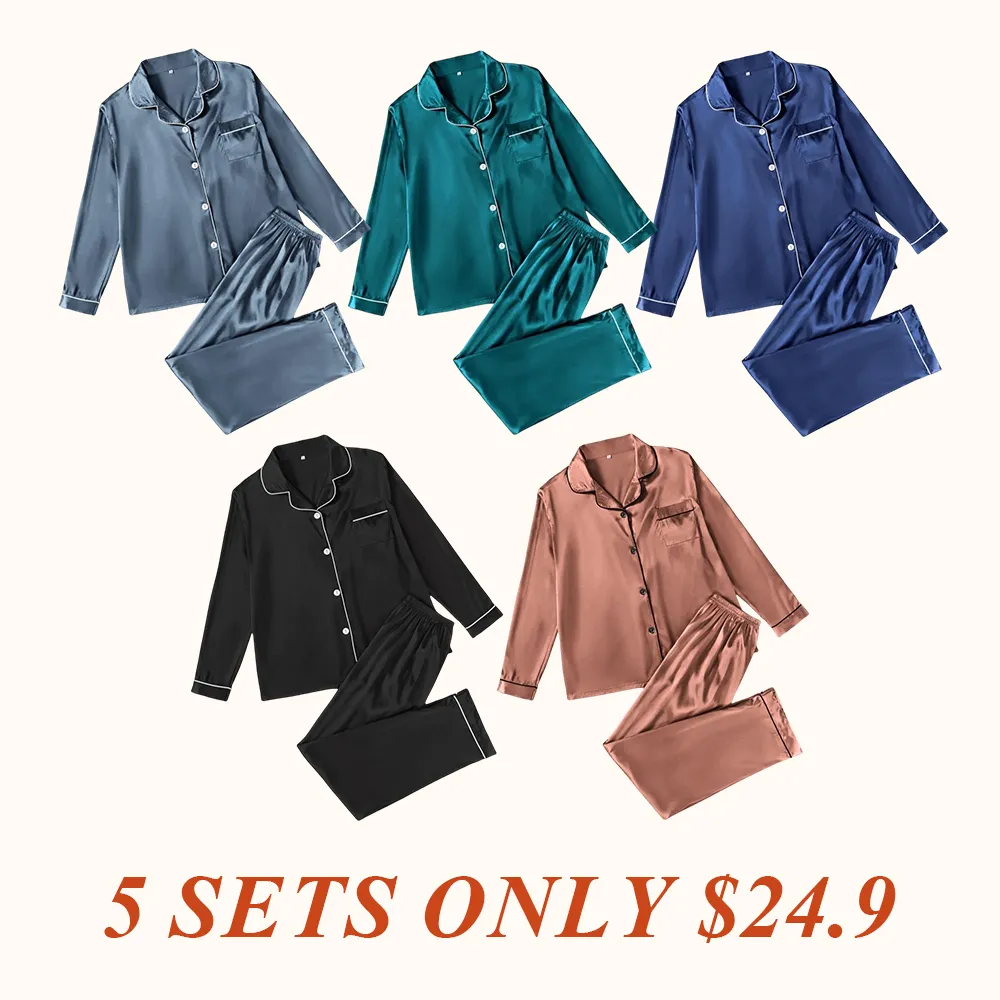 Two-Piece Set Women's Solid Contrast Binding Satin Pyjamas