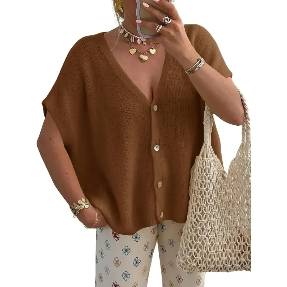 Womens Fall Oversized Cardigans Batwing Short Sleeve Lightweight Button V Neck Casual Knit Sweater Tops