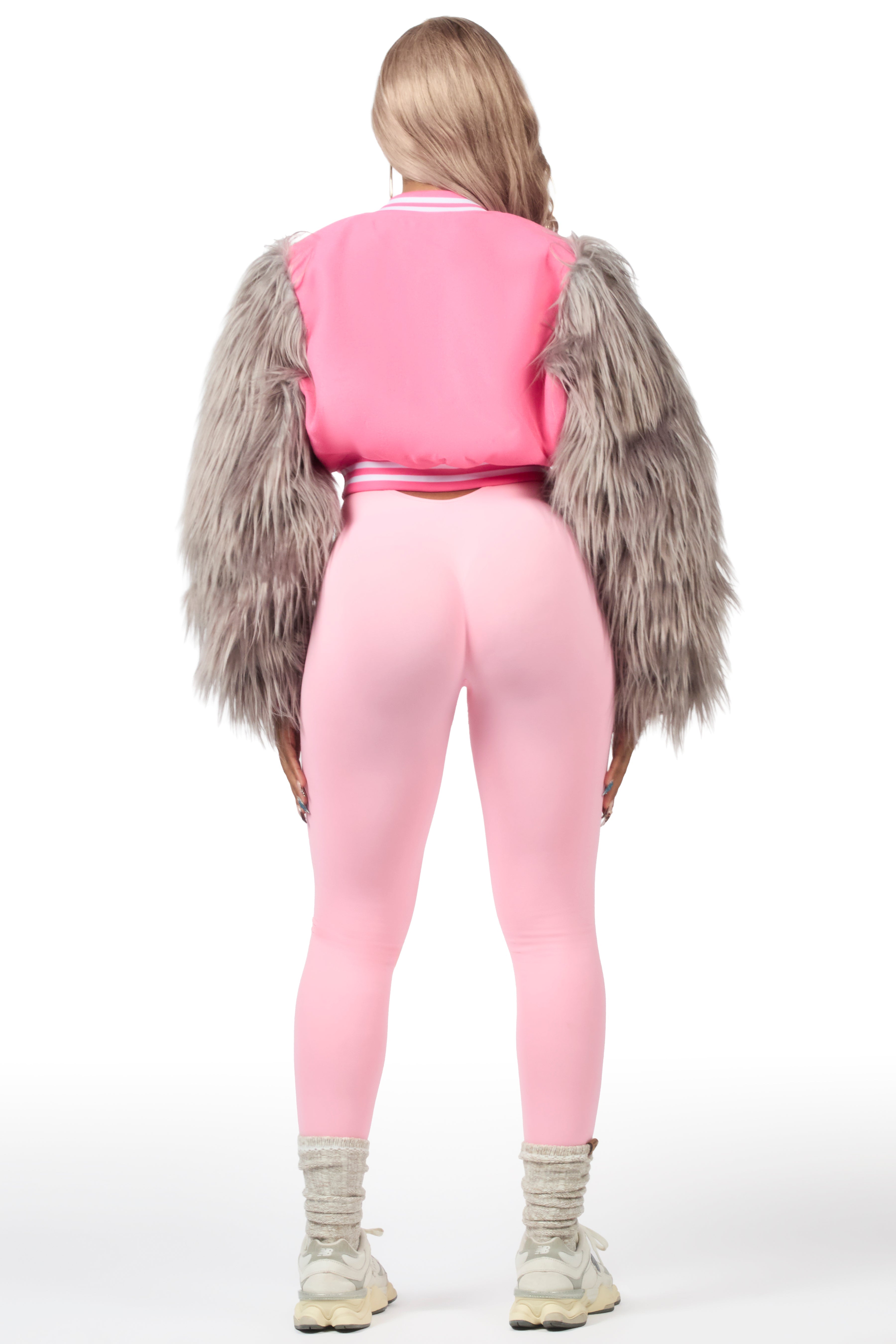 Jameicia Pink/Grey Fur Sleeve Varsity Jacket