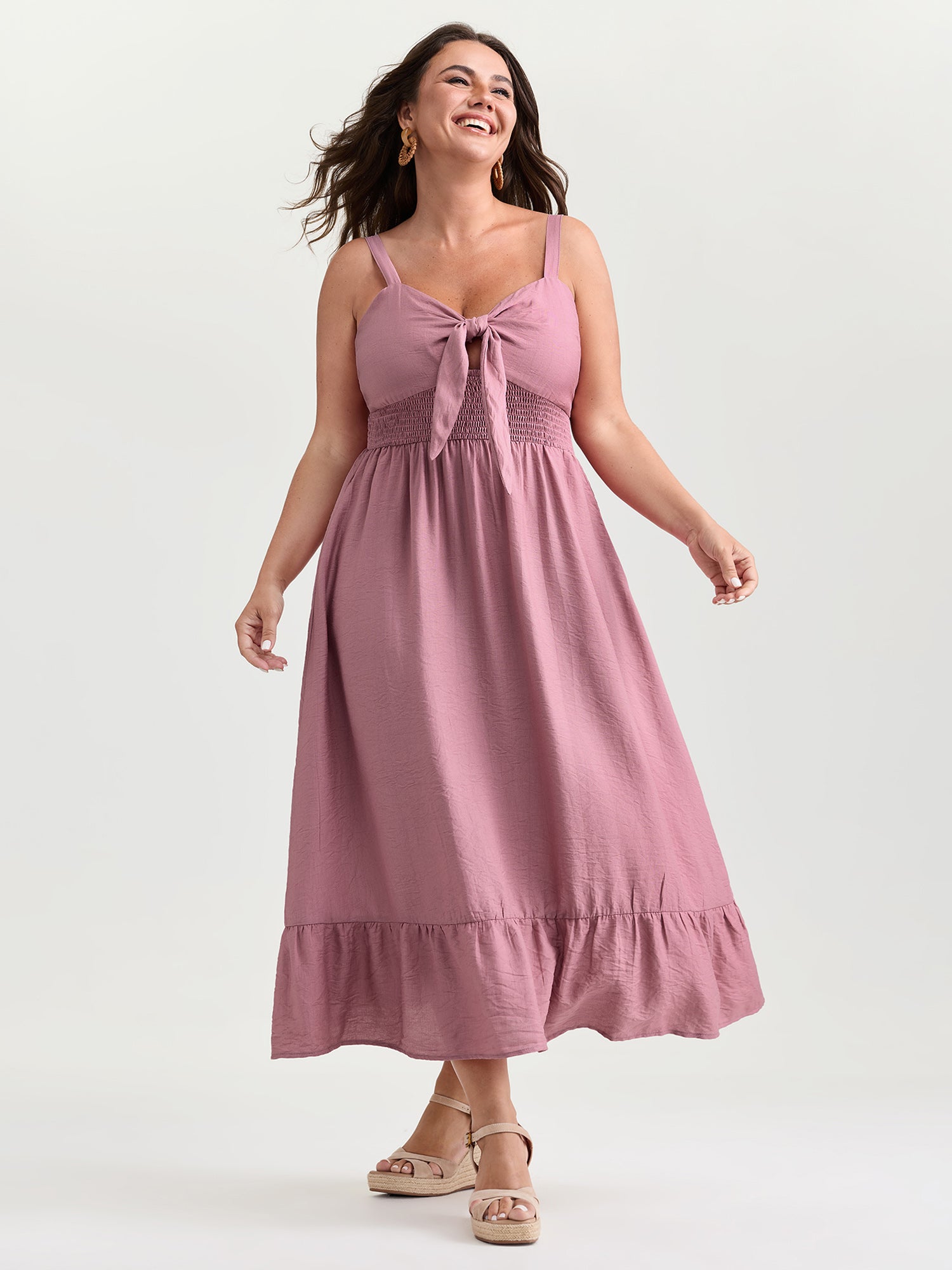 Twist-Front Shirred Back Ruffled Hem Midi Dress