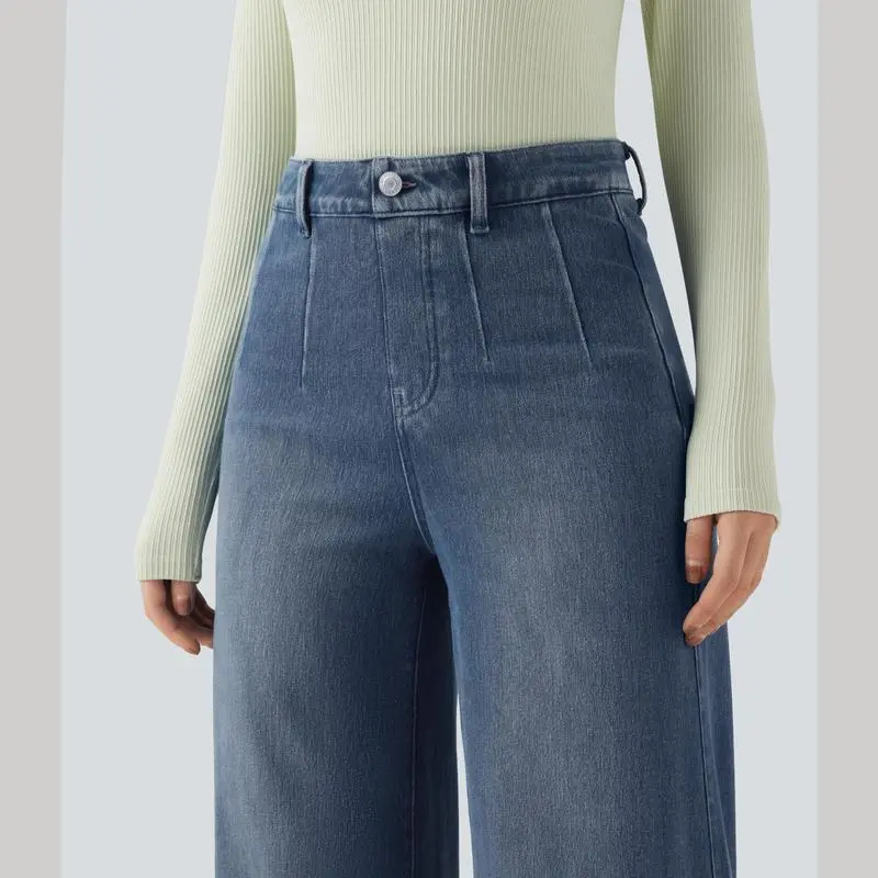 High Waisted Tummy Control Wide Leg Casual Jeans with Pockets