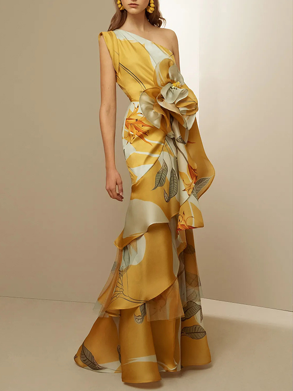 Flower Printed Off-The-Shoulder Sleeveless Asymmetric Satin Evening Maxi Dresses
