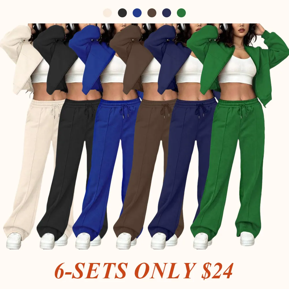 Two-piece Set Women's Solid Zip Up Drop Shoulder Jacket & Pocket Elastic Waist Pants