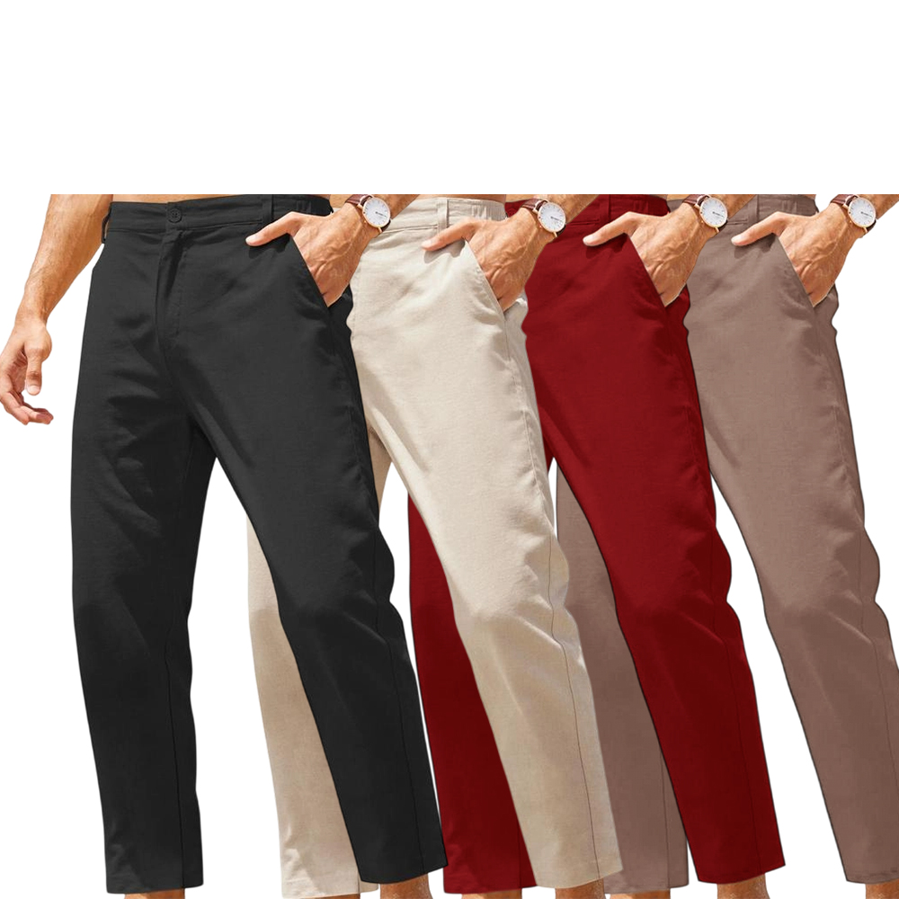 Men's Cotton Linen Pants Elastic Waist Lightweight Casual Pants Slim Fit Yoga Beach Pants with Pockets Menswear Trouser Daily