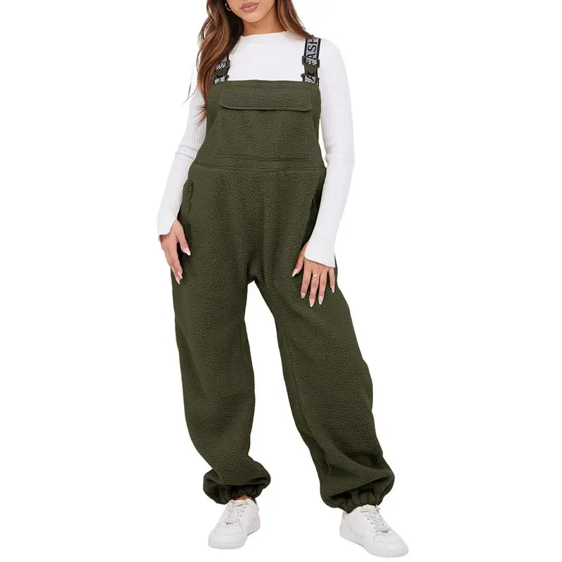 Women Fleece Overalls One-piece Bibs Jumpsuits