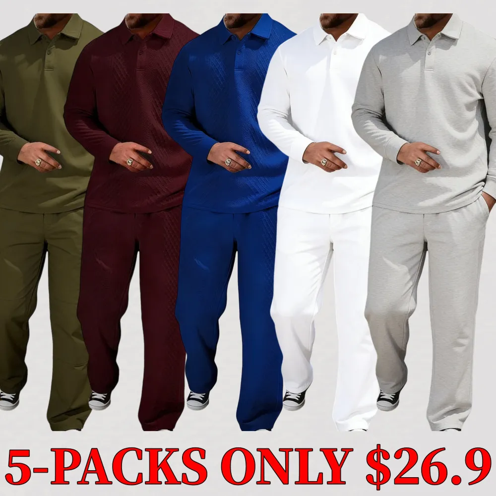 Men's textured long-sleeved polo shirt and drawstring trousers set