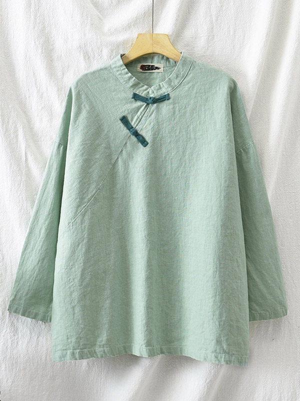 Vintage Linen Frog Loose Long Sleeve Shirt Tops