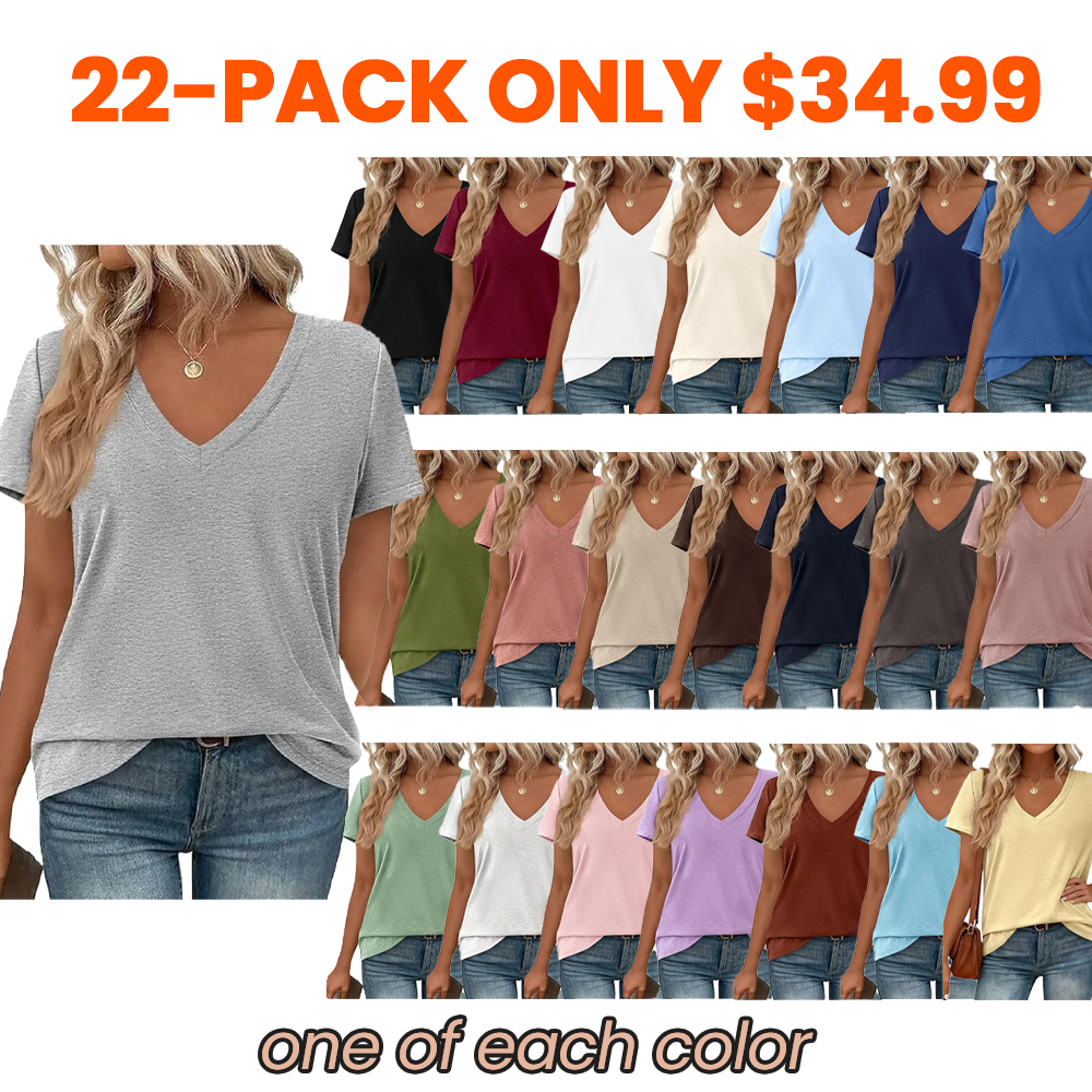 🔥11-Pack $24.99-Women’s Summer Casual V Neck Sleeve Loose Basic Tees