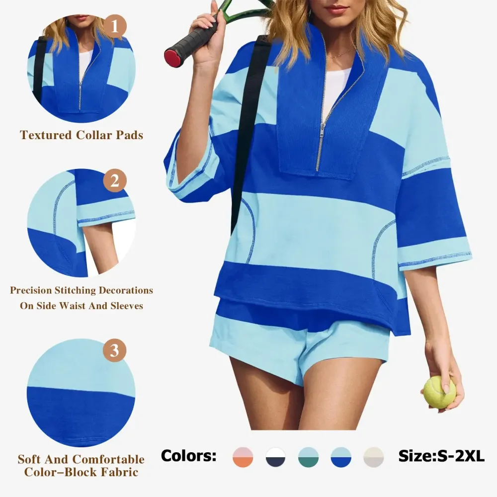 Womens 2 Piece Outfits Summer Striped Sweatshirt Workout Shorts Sets Matching Lounge Set