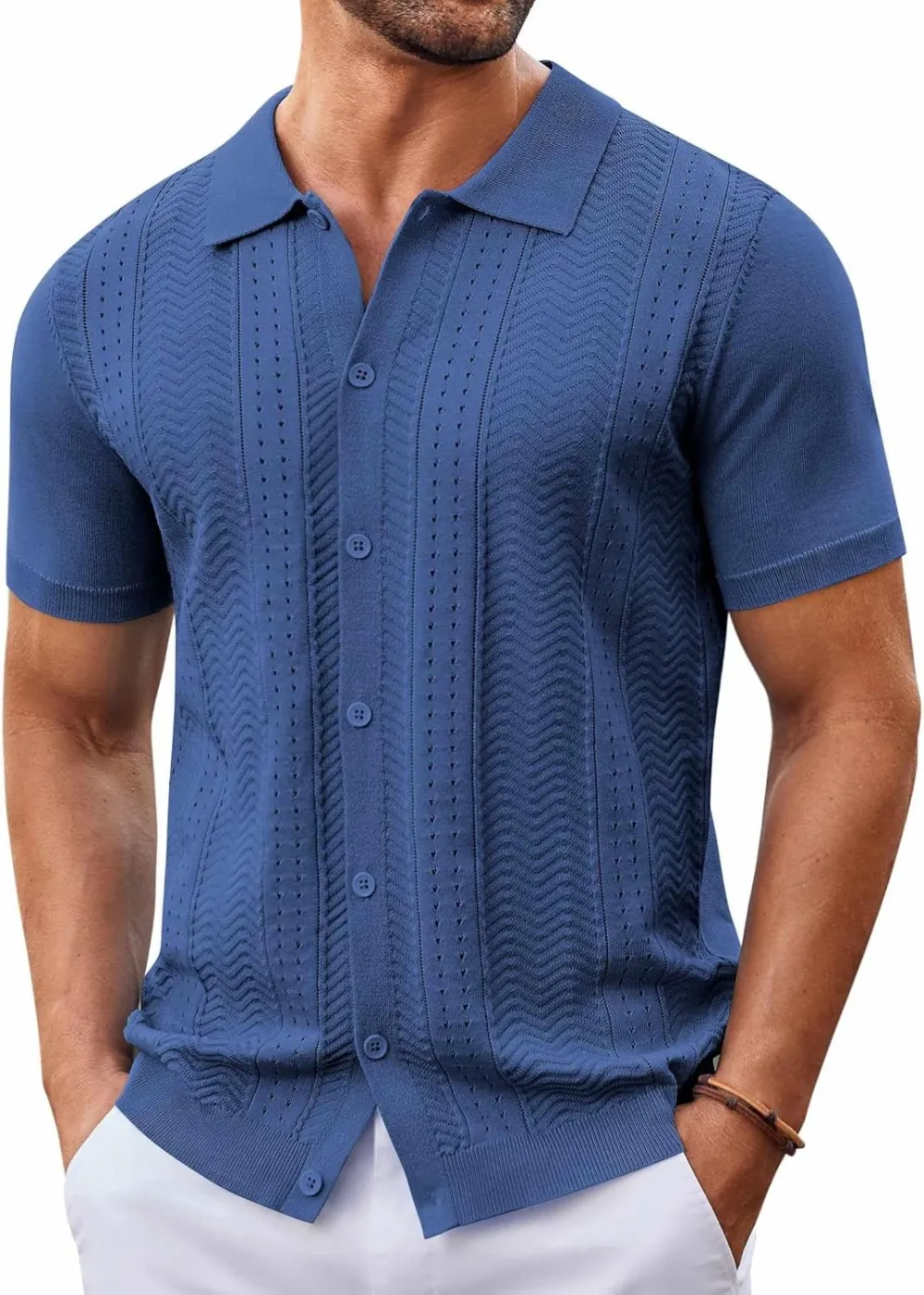 Mens Knit Button Down Shirt Short Sleeve Summer Casual Shirts Vintage Beach Vacation Shirts
