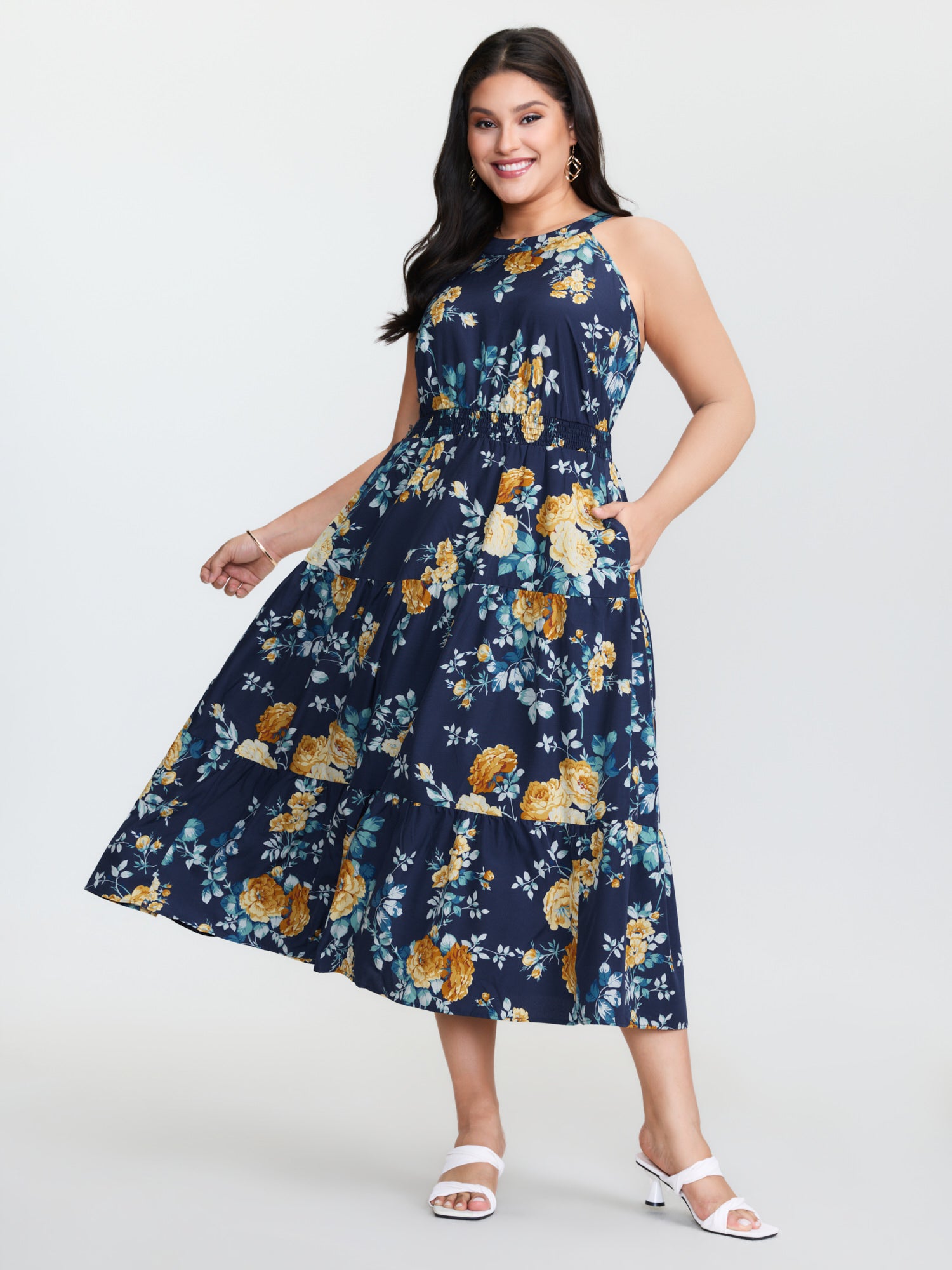 Shirred Floral Print Halter Neckline Maxi Dress