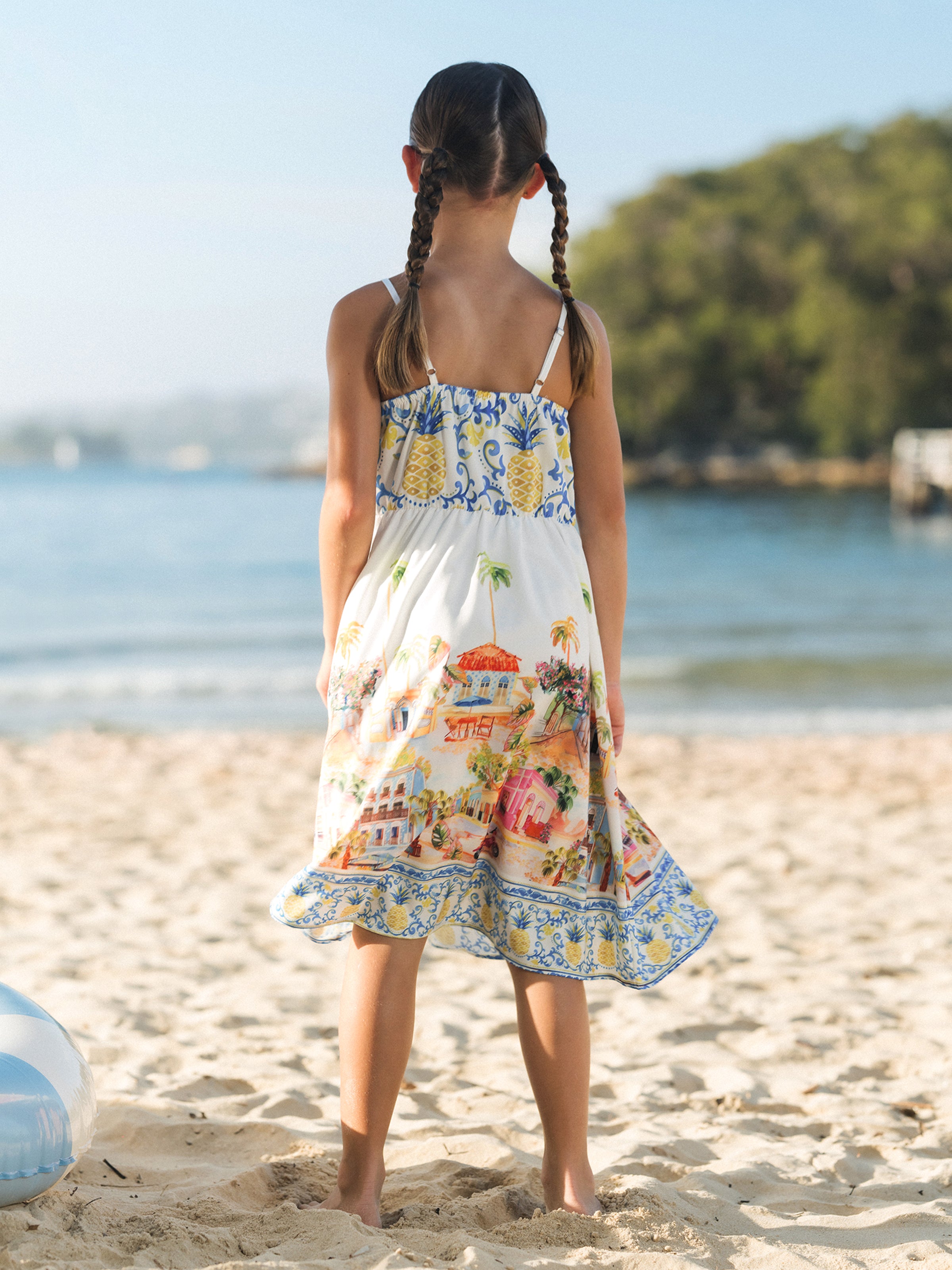 Family Matching Vacation Set Tropical Pineapple Coconut Tree Print Short-sleeve T-shirt or Hollow out Strap Dress for Summer Vacation  White