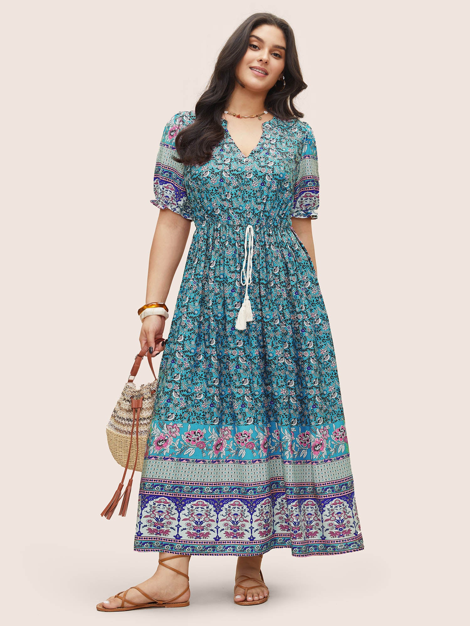 Boho Print Notched Ties Tassel Trim Dress