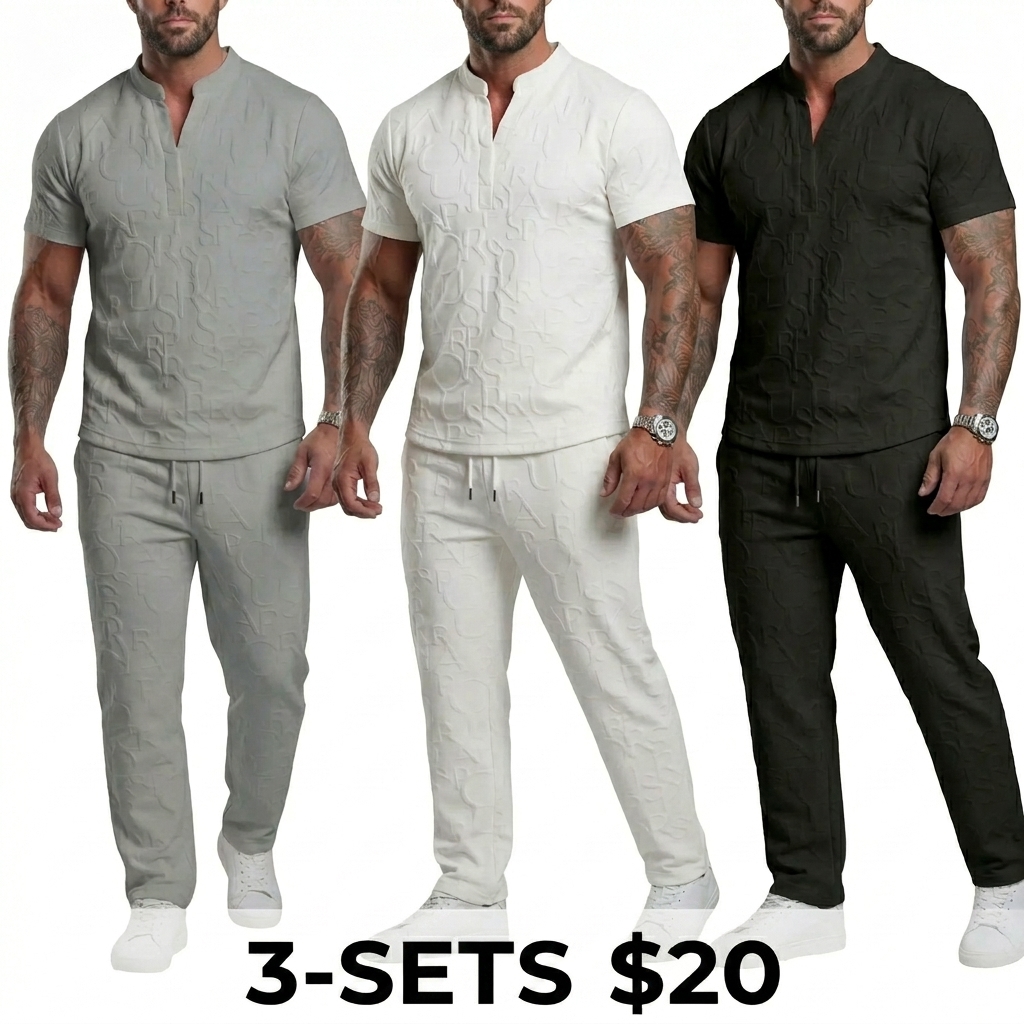 Men's 2-Piece Textured Tee & Drawstring Pants Set – Casual Spring & Fall Outfit