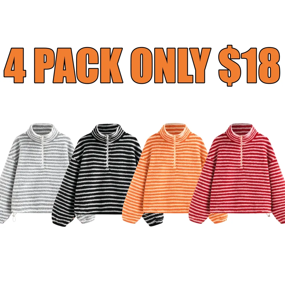 Fleece Stripe Stand Collar Drawstring Half Zip Oversized Sweatshirt