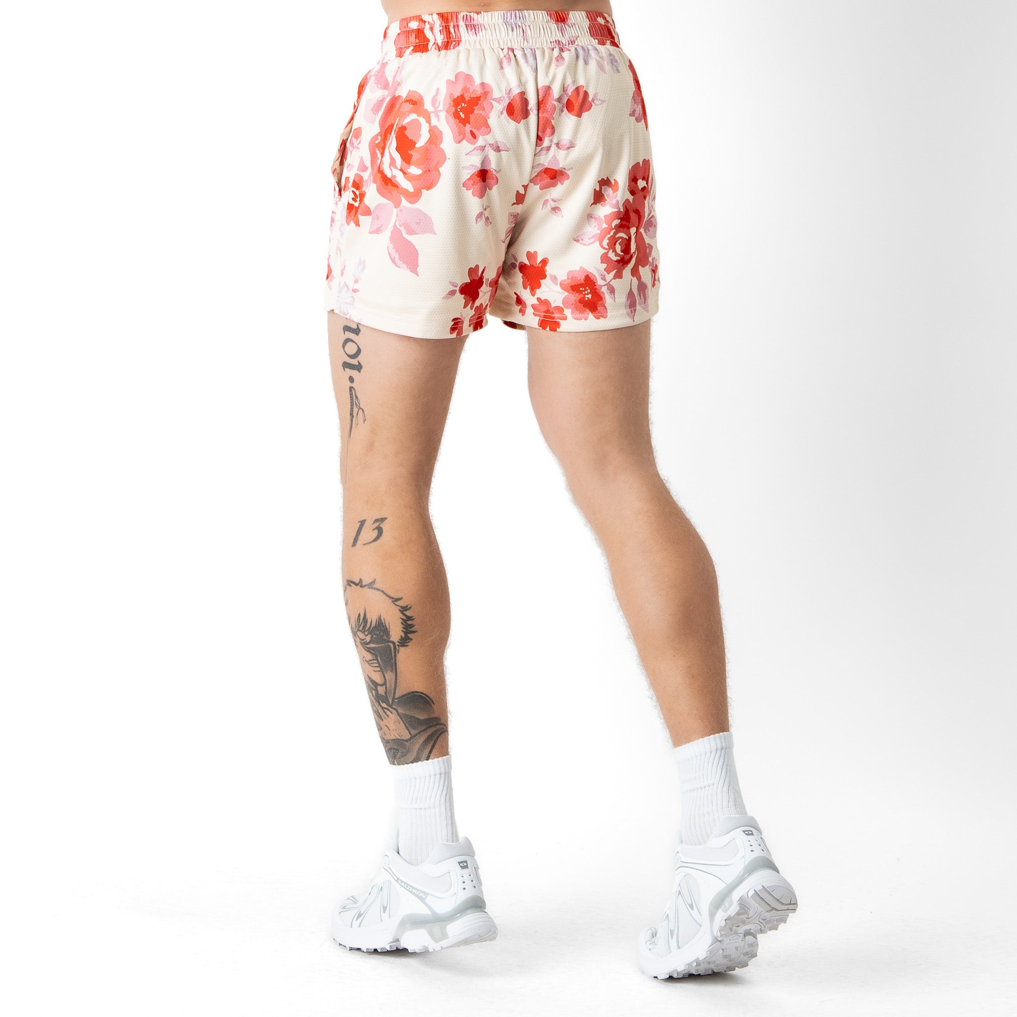 MUAY THAI SHORTS (MID THIGH CUT) FLORAL - CREAM