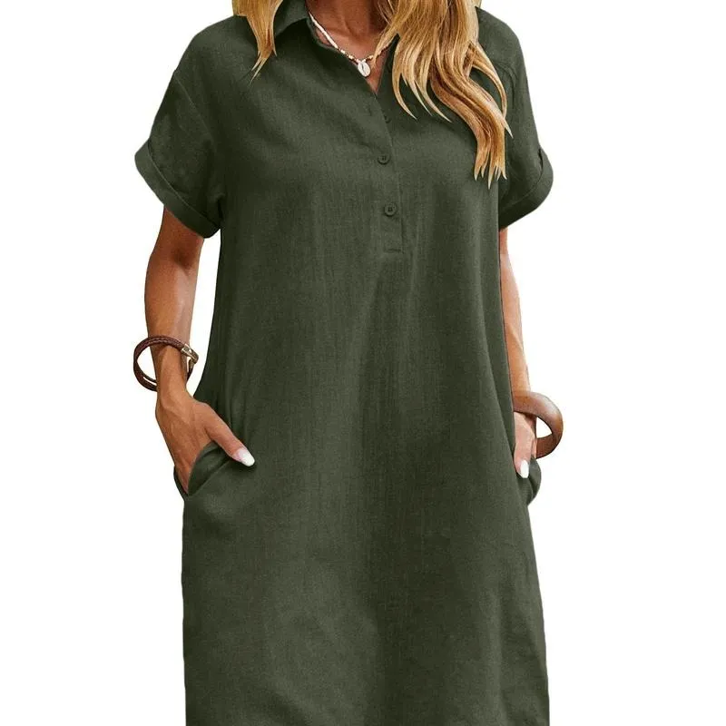 Womens Cotton Shirt Dress Summer Casual Short Sleeve Button Down Beach Cover Up Shirts with Pockets