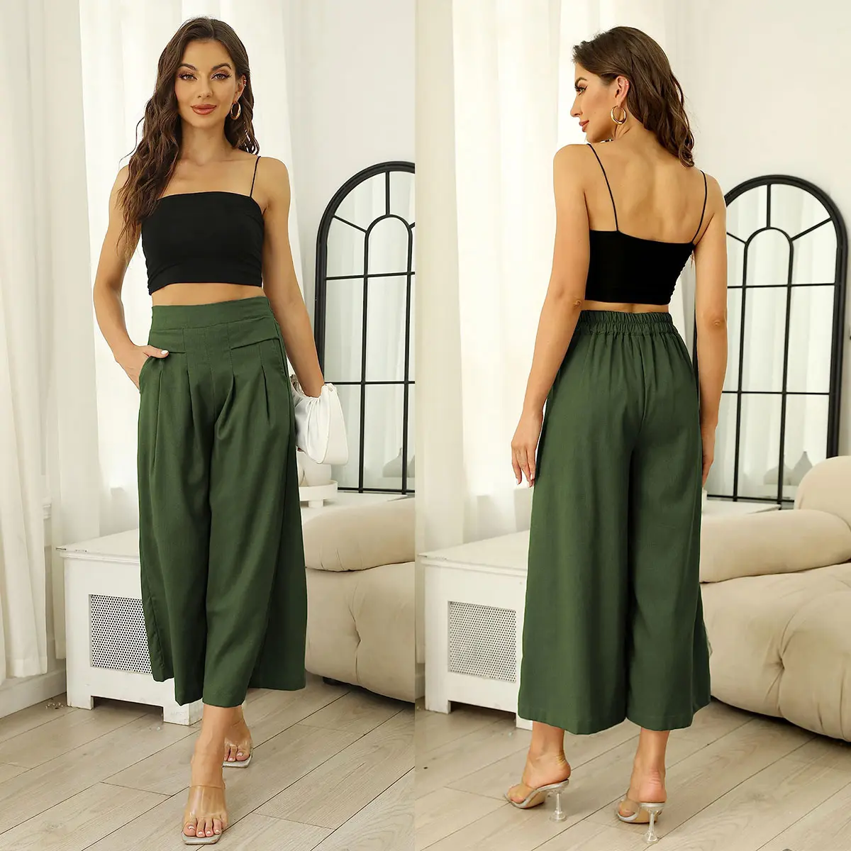 Women's Cotton Linen Culottes Pants Elastic Waist Wide Leg Palazzo Trousers Capri Pants with Pockets