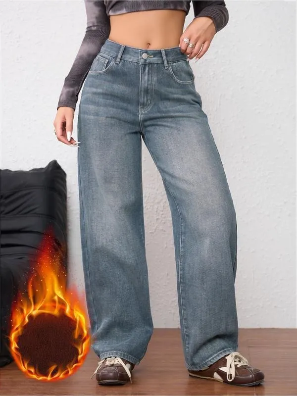 Women's Vintage Fleece-Lined Thickened Fall Winter Wide Leg Jeans