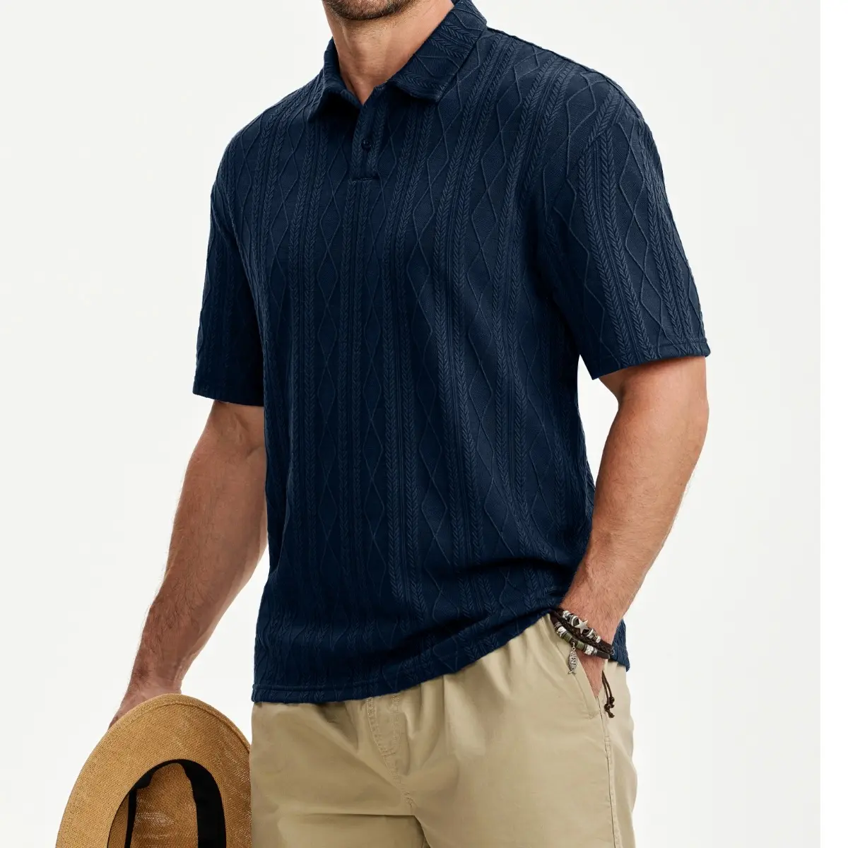 Men Casual Polo Shirt Short Sleeve Textured Beach Button Knit Stretchy Classic Shirts