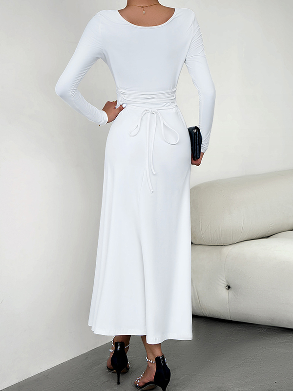 Solid Color Tied Waist A-Line High Waisted U-Neck Midi Dresses