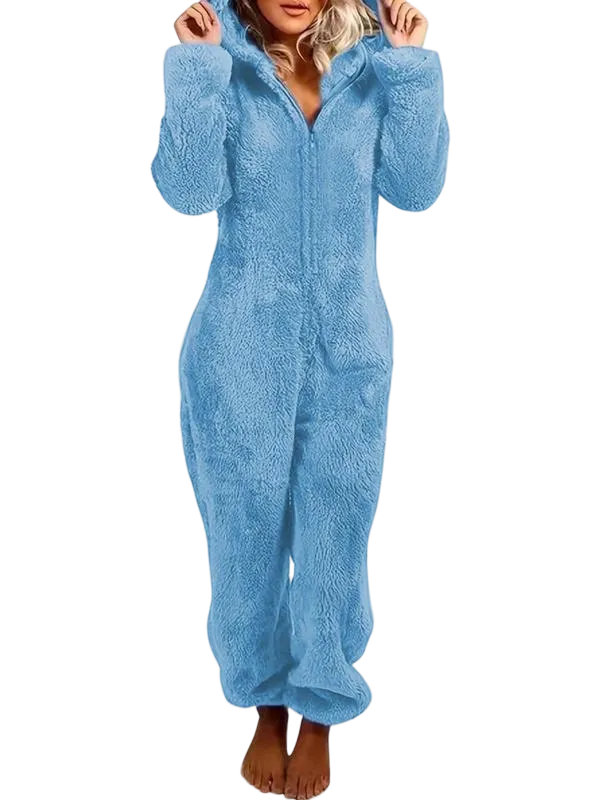 Women's Solid Zipper Hooded Plush Pajama Jumpsuit
