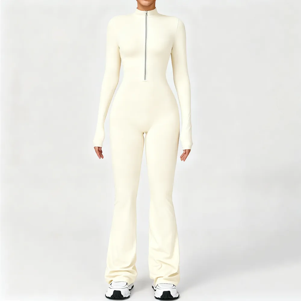 Women's Long Sleeve Flared Sports Jumpsuit - Zipper Jumpsuit