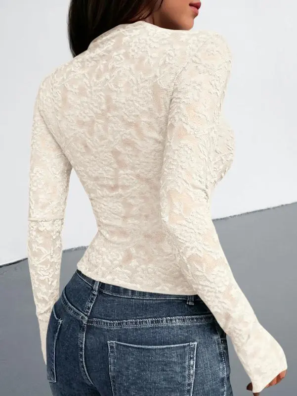 Mesh Long Sleeve Tops for Women Lace Sexy Sheer Tight See Through Crew Neck