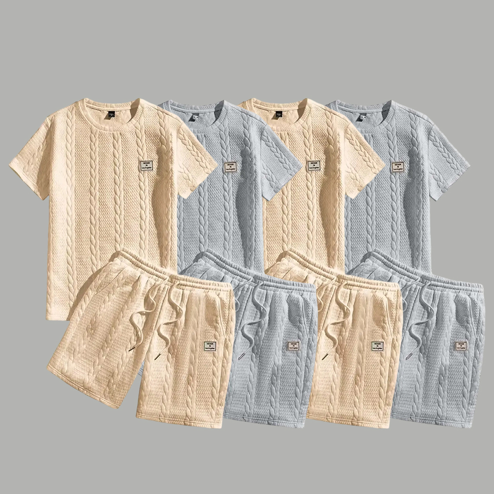 Summer men's jacquard textured fabric round neck short sleeved T-shirt and shorts set