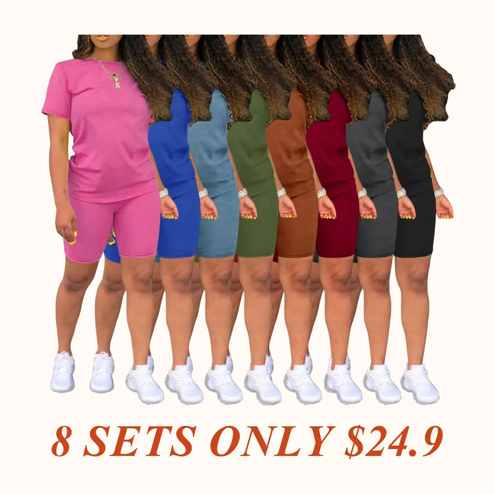 Two-piece Set Women's Fitted Plain Round Neck Tee & Skinny Shorts Set, Summer Clothes Women