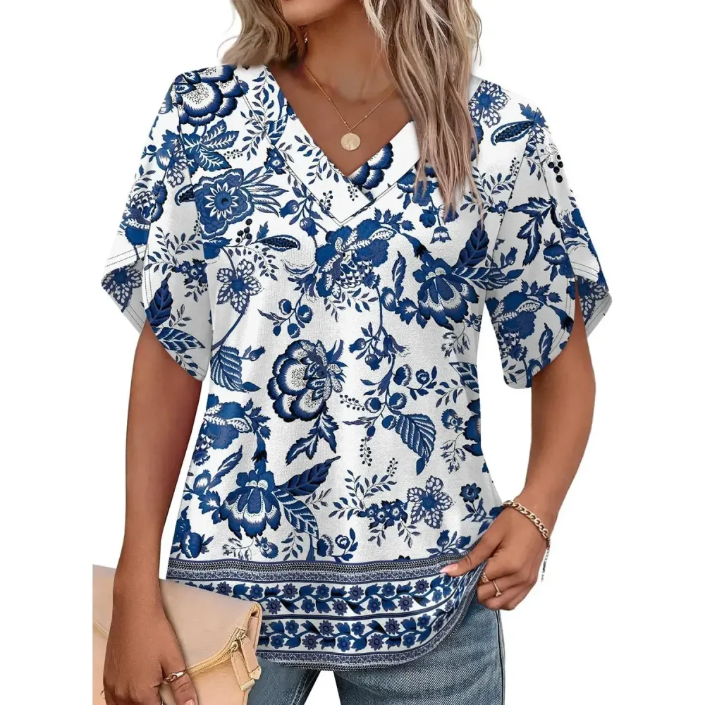 Womens Summer Tops Short Petal Sleeve Shirts Fashion V Neck Outfits Clothes